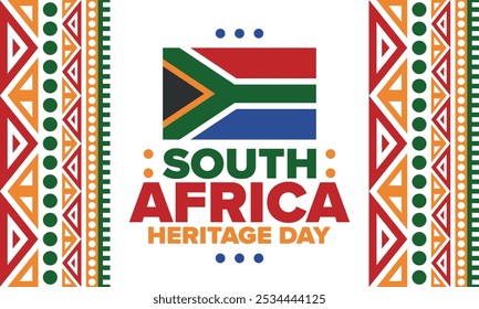 South Africa Heritage Day. Happy holiday. Celebrate culture and traditions of nation. South African flag. Poster with illustration. Pattern design. Vector