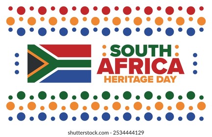 South Africa Heritage Day. Happy holiday. Celebrate culture and traditions of nation. South African flag. Poster with illustration. Pattern design. Vector