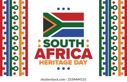 South Africa Heritage Day. Happy holiday. Celebrate culture and traditions of nation. South African flag. Poster with illustration. Pattern design. Vector