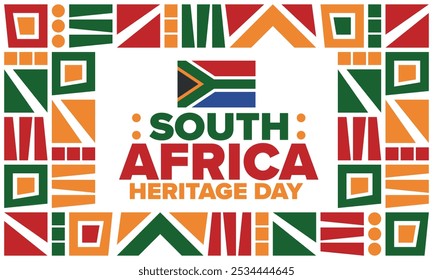 South Africa Heritage Day. Happy holiday. Celebrate culture and traditions of nation. South African flag. Poster with illustration. Pattern design. Vector