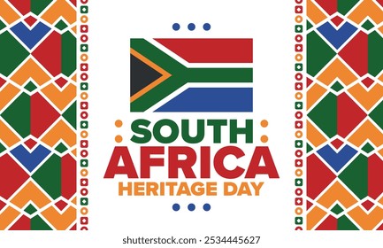 South Africa Heritage Day. Happy holiday. Celebrate culture and traditions of nation. South African flag. Poster with illustration. Pattern design. Vector