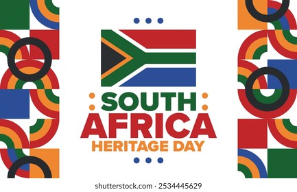 South Africa Heritage Day. Happy holiday. Celebrate culture and traditions of nation. South African flag. Poster with illustration. Pattern design. Vector