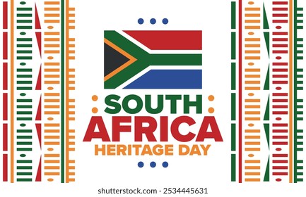 South Africa Heritage Day. Happy holiday. Celebrate culture and traditions of nation. South African flag. Poster with illustration. Pattern design. Vector