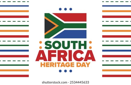 South Africa Heritage Day. Happy holiday. Celebrate culture and traditions of nation. South African flag. Poster with illustration. Pattern design. Vector