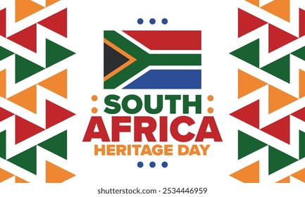 South Africa Heritage Day. Happy holiday. Celebrate culture and traditions of nation. South African flag. Poster with illustration. Pattern design. Vector