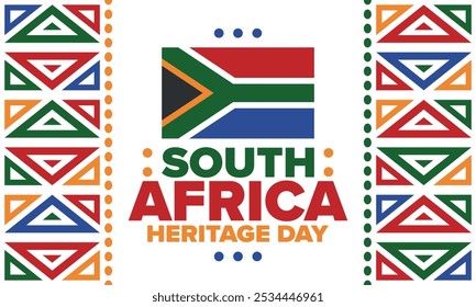 South Africa Heritage Day. Happy holiday. Celebrate culture and traditions of nation. South African flag. Poster with illustration. Pattern design. Vector