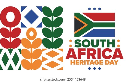 South Africa Heritage Day. Happy holiday. Celebrate culture and traditions of nation. South African flag. Poster with illustration. Pattern design. Vector