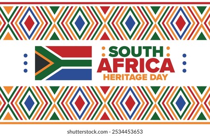 South Africa Heritage Day. Happy holiday. Celebrate culture and traditions of nation. South African flag. Poster with illustration. Pattern design. Vector