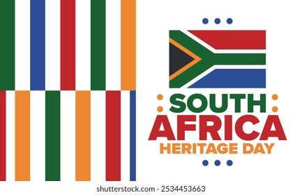 South Africa Heritage Day. Happy holiday. Celebrate culture and traditions of nation. South African flag. Poster with illustration. Pattern design. Vector