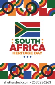 South Africa Heritage Day. Happy holiday. Celebrate culture and traditions of nation. South African flag. Poster with illustration. Pattern design. Vector