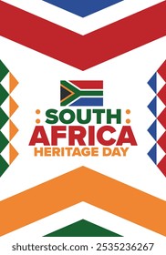 South Africa Heritage Day. Happy holiday. Celebrate culture and traditions of nation. South African flag. Poster with illustration. Pattern design. Vector