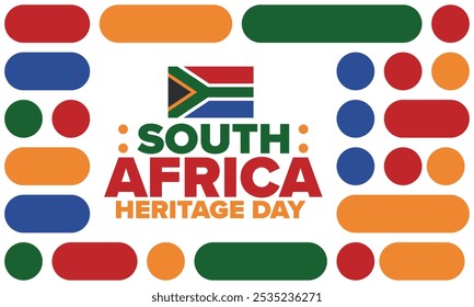 South Africa Heritage Day. Happy holiday. Celebrate culture and traditions of nation. South African flag. Poster with illustration. Pattern design. Vector