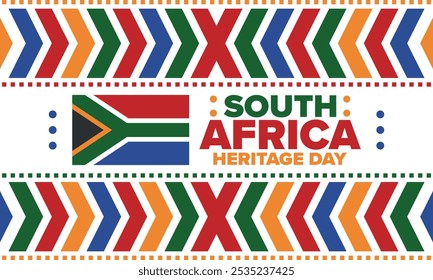 South Africa Heritage Day. Happy holiday. Celebrate culture and traditions of nation. South African flag. Poster with illustration. Pattern design. Vector