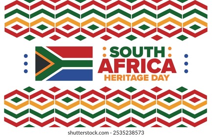 South Africa Heritage Day. Happy holiday. Celebrate culture and traditions of nation. South African flag. Poster with illustration. Pattern design. Vector