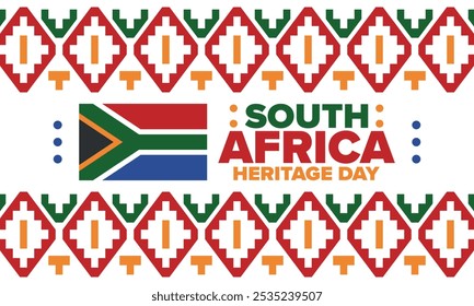 South Africa Heritage Day. Happy holiday. Celebrate culture and traditions of nation. South African flag. Poster with illustration. Pattern design. Vector