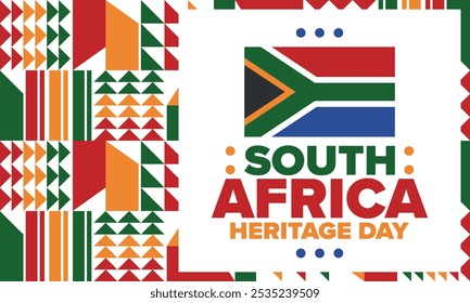 South Africa Heritage Day. Happy holiday. Celebrate culture and traditions of nation. South African flag. Poster with illustration. Pattern design. Vector