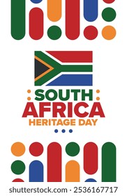 South Africa Heritage Day. Happy holiday. Celebrate culture and traditions of nation. South African flag. Poster with illustration. Pattern design. Vector