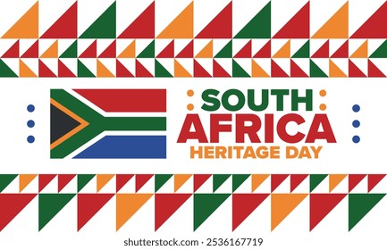 South Africa Heritage Day. Happy holiday. Celebrate culture and traditions of nation. South African flag. Poster with illustration. Pattern design. Vector