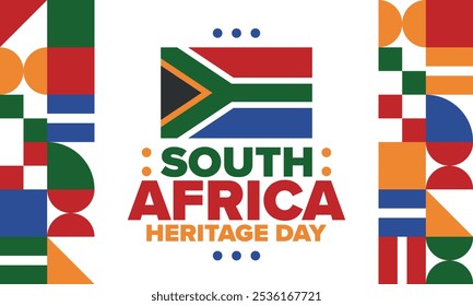 South Africa Heritage Day. Happy holiday. Celebrate culture and traditions of nation. South African flag. Poster with illustration. Pattern design. Vector