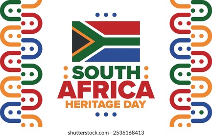 South Africa Heritage Day. Happy holiday. Celebrate culture and traditions of nation. South African flag. Poster with illustration. Pattern design. Vector