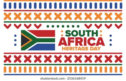 South Africa Heritage Day. Happy holiday. Celebrate culture and traditions of nation. South African flag. Poster with illustration. Pattern design. Vector