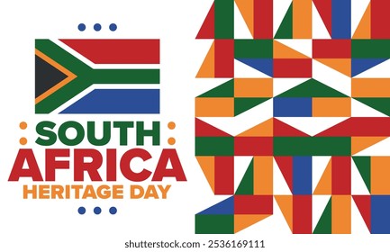 South Africa Heritage Day. Happy holiday. Celebrate culture and traditions of nation. South African flag. Poster with illustration. Pattern design. Vector