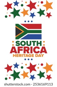 South Africa Heritage Day. Happy holiday. Celebrate culture and traditions of nation. South African flag. Poster with illustration. Pattern design. Vector