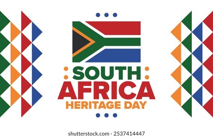 South Africa Heritage Day. Happy holiday. Celebrate culture and traditions of nation. South African flag. Poster with illustration. Pattern design. Vector