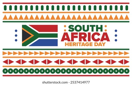 South Africa Heritage Day. Happy holiday. Celebrate culture and traditions of nation. South African flag. Poster with illustration. Pattern design. Vector