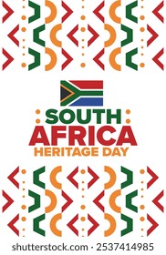 South Africa Heritage Day. Happy holiday. Celebrate culture and traditions of nation. South African flag. Poster with illustration. Pattern design. Vector