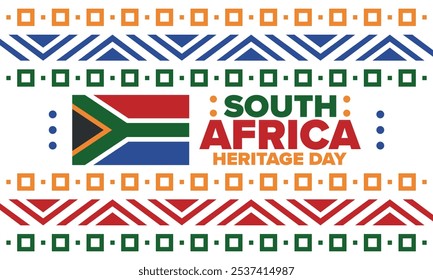 South Africa Heritage Day. Happy holiday. Celebrate culture and traditions of nation. South African flag. Poster with illustration. Pattern design. Vector