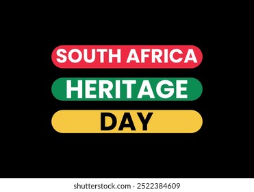 SOUTH AFRICA HERITAGE DAY T SHIRT DESIGN, RED GREEN AND YELLOW COLOR ROUNDED RECTANGLE ON BLACK BACKGROUND.