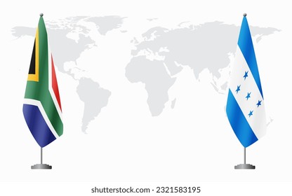 South Africa and Honduras flags for official meeting against background of world map.