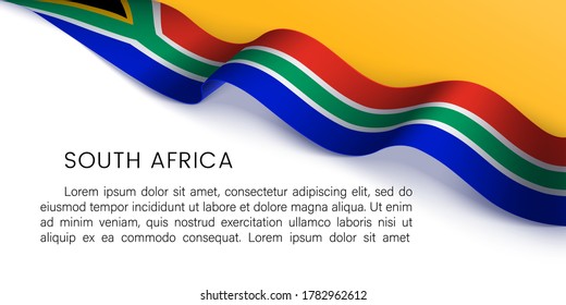 South Africa horizontal poster with photorealistic  ribbon in the colors of the national flag of RSA on a white, yellow background. Template vector design for card, banner, poster, magazine article.