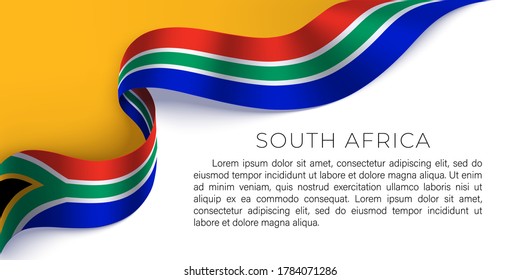 South Africa horizontal poster with photorealistic  ribbon in the colors of the national flag of RSA on a white, yellow background. Template vector design for card, banner, poster, magazine article.