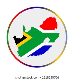 South Africa icon. Shape of the country with South Africa flag. Round sign with flag colors gradient ring. Neat vector illustration.