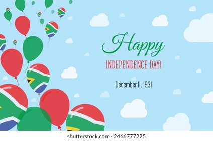 South Africa Independence Day Sparkling Patriotic Poster. Row of Balloons in Colors of the South African Flag. Greeting Card with National Flags, Blue Skyes and Clouds.