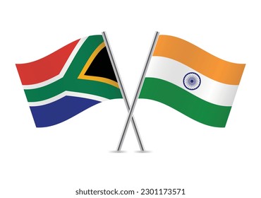 South Africa and India crossed flags. South African and Indian flags on white background. Vector icon set. Vector illustration.