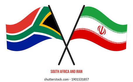 South Africa and Iran Flags Crossed And Waving Flat Style. Official Proportion. Correct Colors.