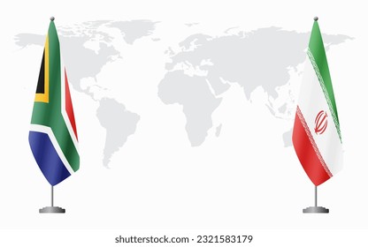 South Africa and Iran flags for official meeting against background of world map.