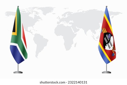 South Africa and Kingdom of eSwatini - Swaziland flags for official meeting against background of world map.