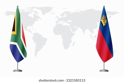 South Africa and Liechtenstein flags for official meeting against background of world map.