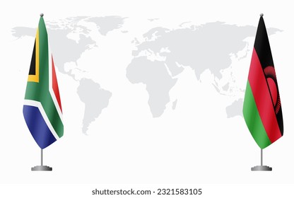 South Africa and Malawi flags for official meeting against background of world map.