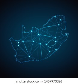 South Africa Map - Abstract geometric mesh polygonal network line, structure and point scales on dark background with lights in the form of cities. Vector illustration eps 10.