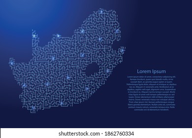 Südafrika Karte aus blauem Muster des Labyrinths und leuchtendes Sternengitter im Weltraum. Vektorgrafik.