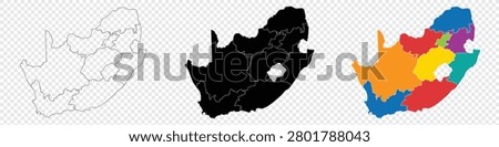 South Africa map. Borders of South Africa for your infographic. South Africa Map with Provinces in Black and Multicolor Versions vector illustration. 