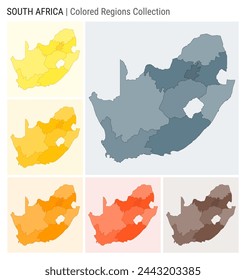 South Africa map collection. Country shape with colored regions. Blue, Grey, Yellow, Amber, Orange, Deep Orange, Brown color palettes. Border of South Africa with provinces for your infographic.