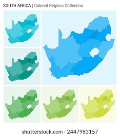South Africa map collection. Country shape with colored regions. Light Blue, Cyan, Teal, Green, Light Green, Lime color palettes. Border of South Africa with provinces for your infographic.