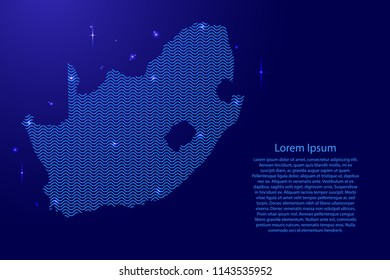 South Africa map country abstract silhouette from wavy blue space sinusoid lines and glowing stars. Contour state of creative luminescence curve. Vector illustration.