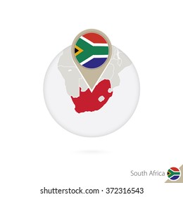 South Africa map and flag in circle. Map of South Africa, South Africa flag pin. Map of South Africa in the style of the globe. Vector Illustration.